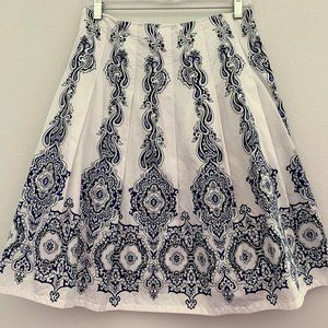 Jones New York 8P Skirt White Blue Handkerchief Petite Lined Pleated Cotton
